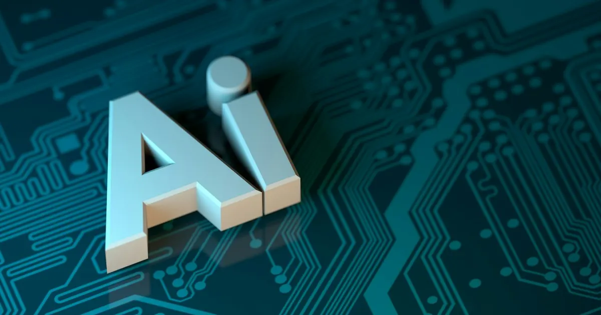 3D rendered AI letters on a dark turquoise circuit board background