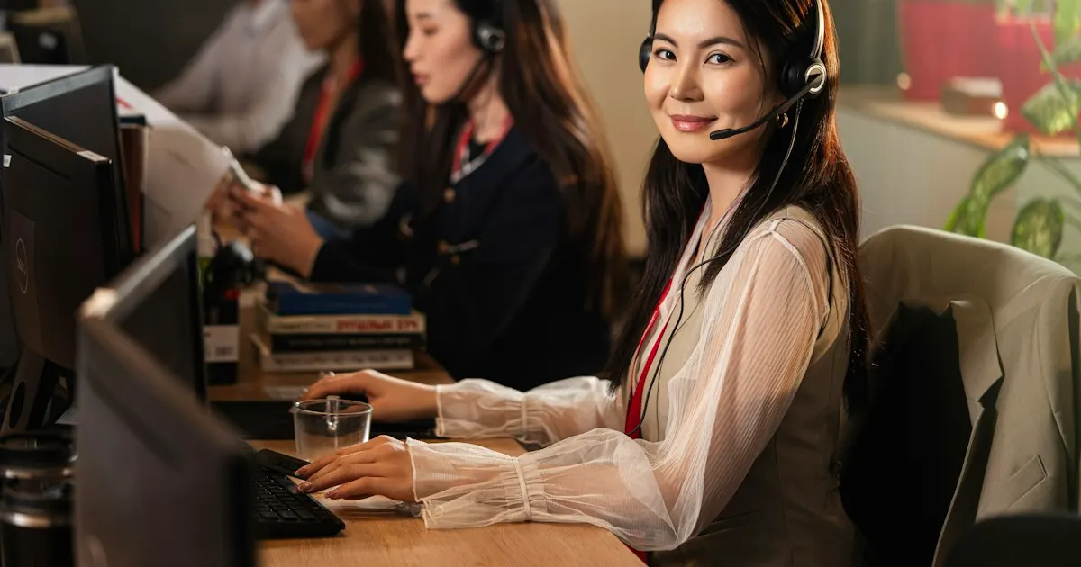 Call center agent wearing a headset at her desk