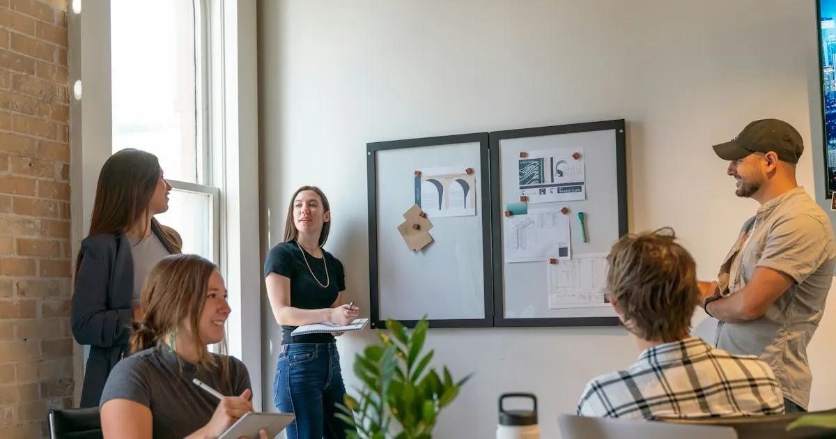 A team of coworkers discussing plans pinned to a board in an office