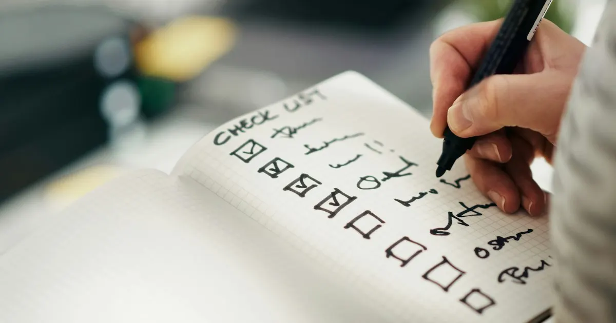 Hand checking off items on a handwritten checklist