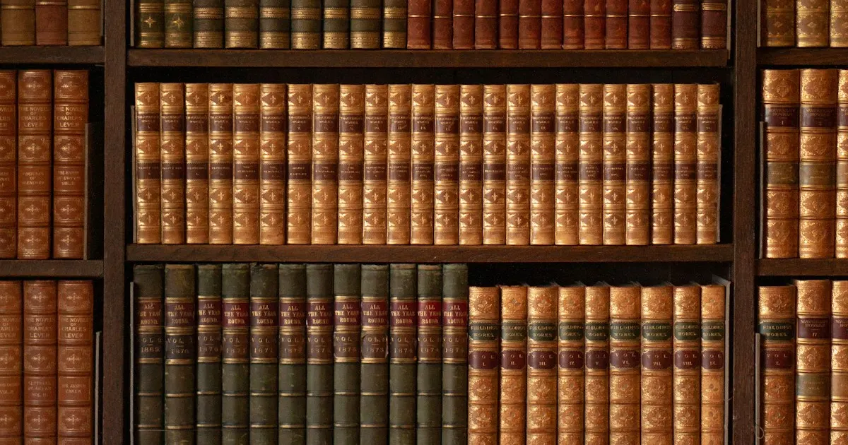 Antique leather-bound books on a library shelf
